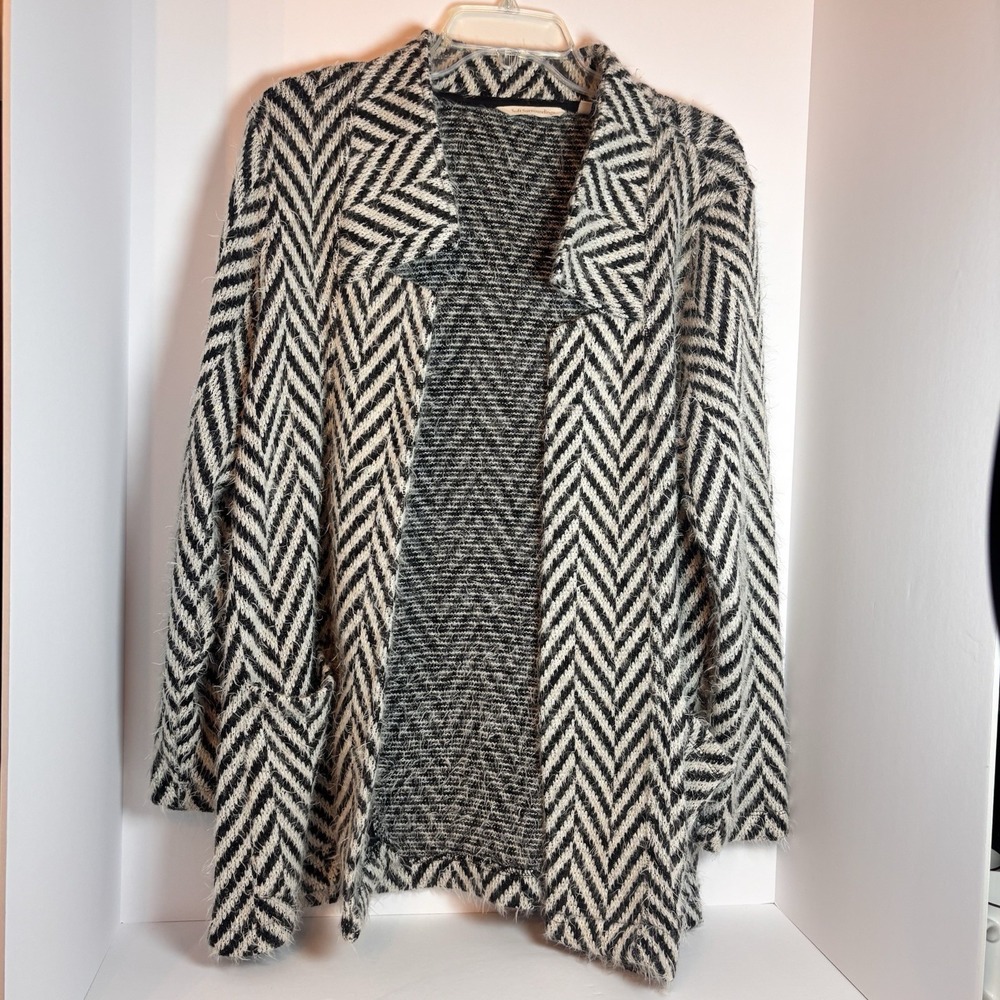 Soft Surroundings Cardigan Sweater Women L Black Ivory Chevron Fuzzy Open Front